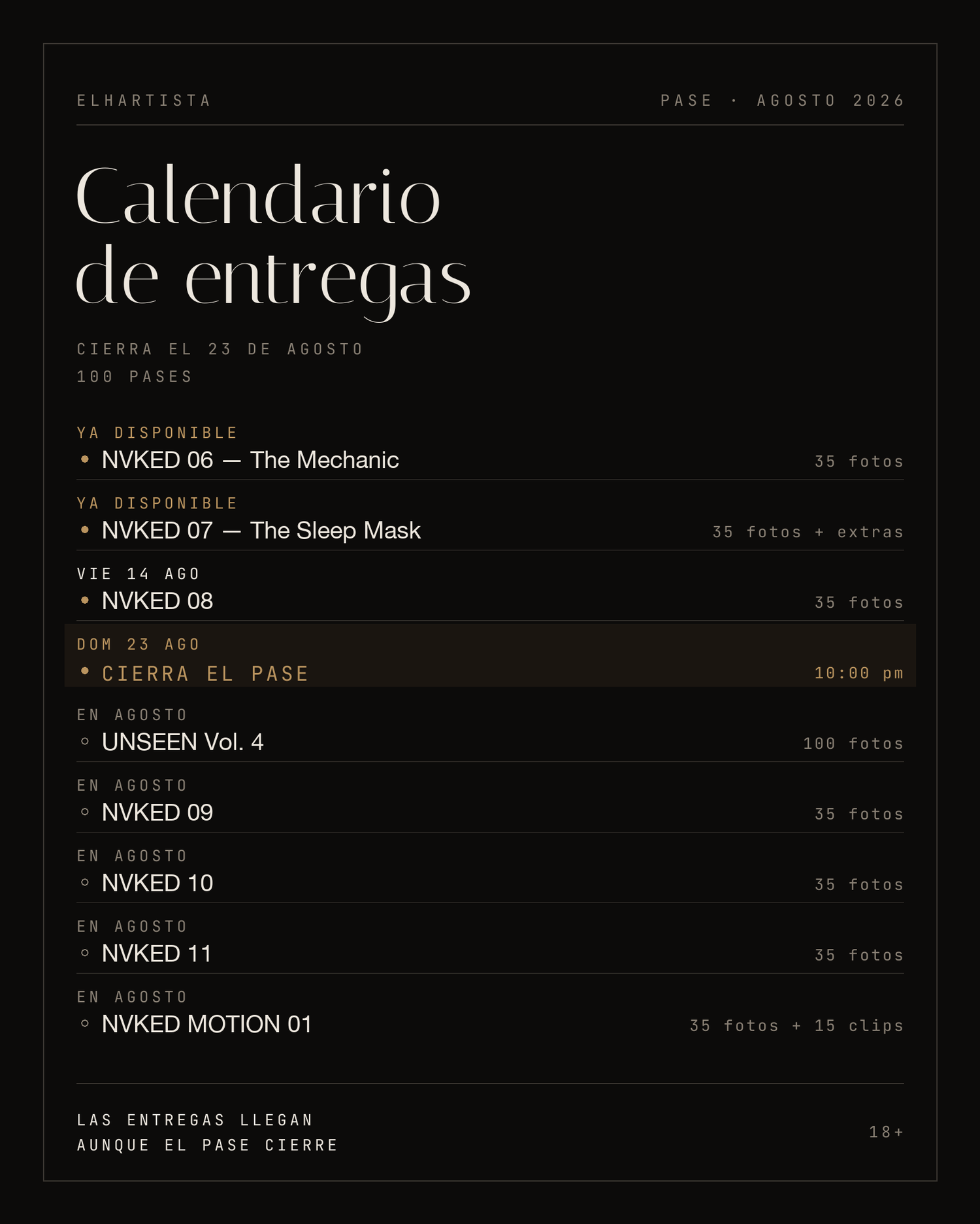 Calendario de entregas del Pase de Agosto 2026 de elhartista — cierra el domingo 23 de agosto a las 10 pm